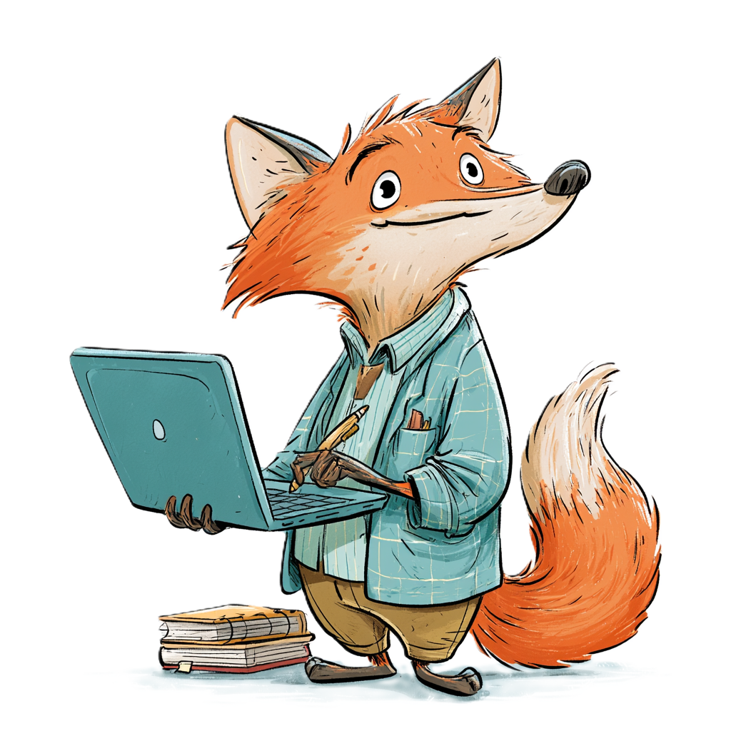 Illustration d'un renard en train d'apprendre sur un ordinateur portable